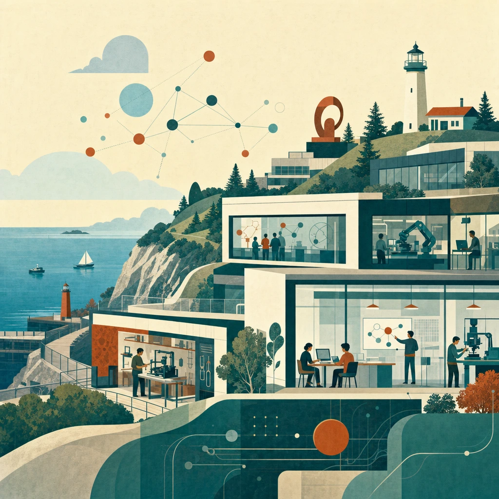 Illustrated Mariner's Bluff district on Ampersand Island